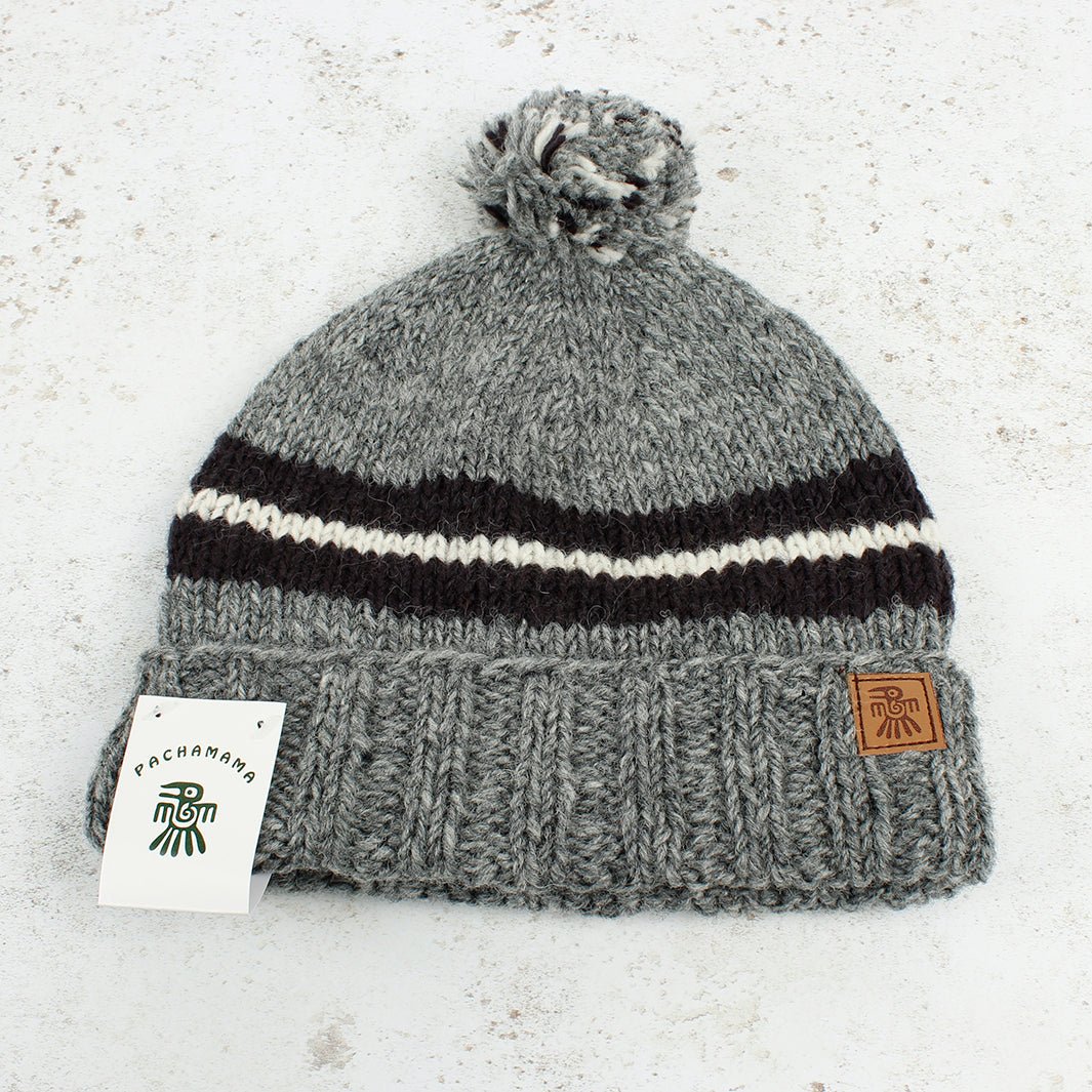 Retro Stripe Grey Bobble Beanie - Green Tulip