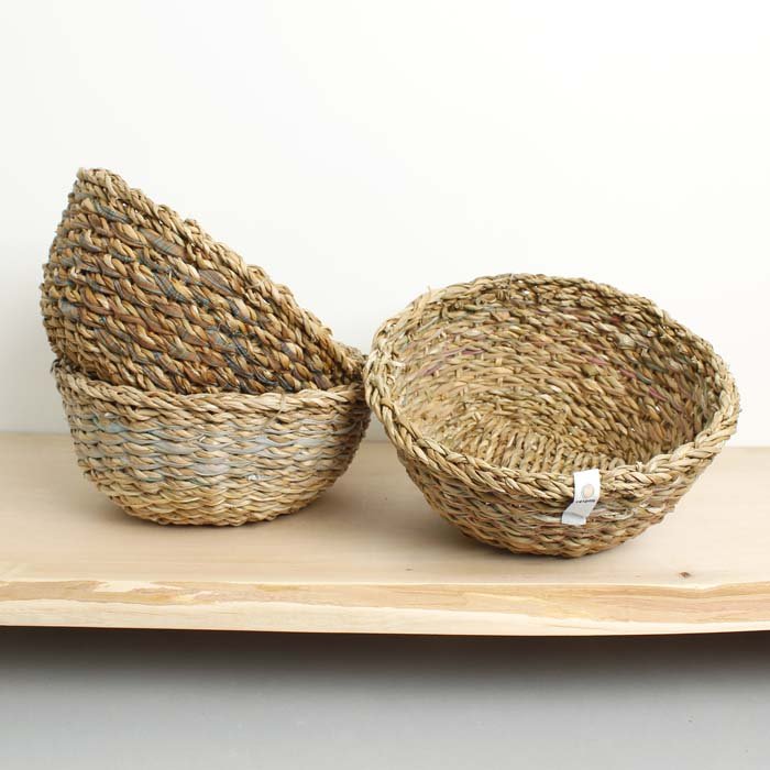 Round Sari & Seagrass Bowl - Naturals (Single Bowl) - Green Tulip