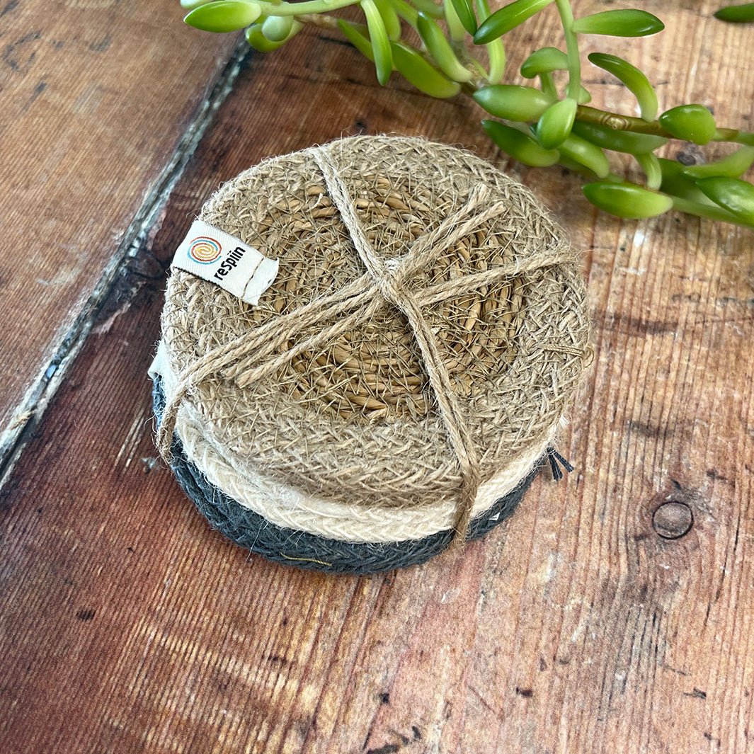 Set of 6 Seagrass & Jute Coasters - Naturals - Green Tulip