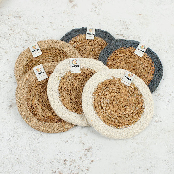 Set of 6 Seagrass & Jute Coasters - Naturals - Green Tulip