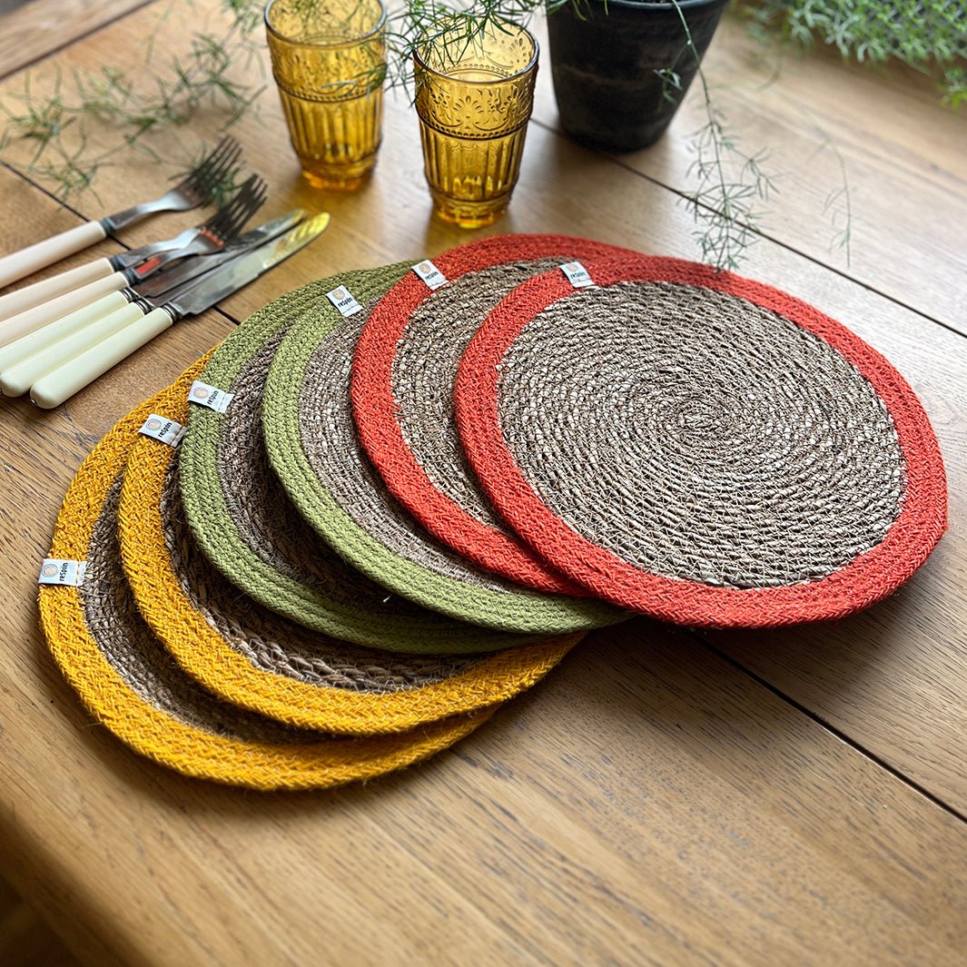 Set of 6 Seagrass & Jute Tablemats - Brights - Green Tulip