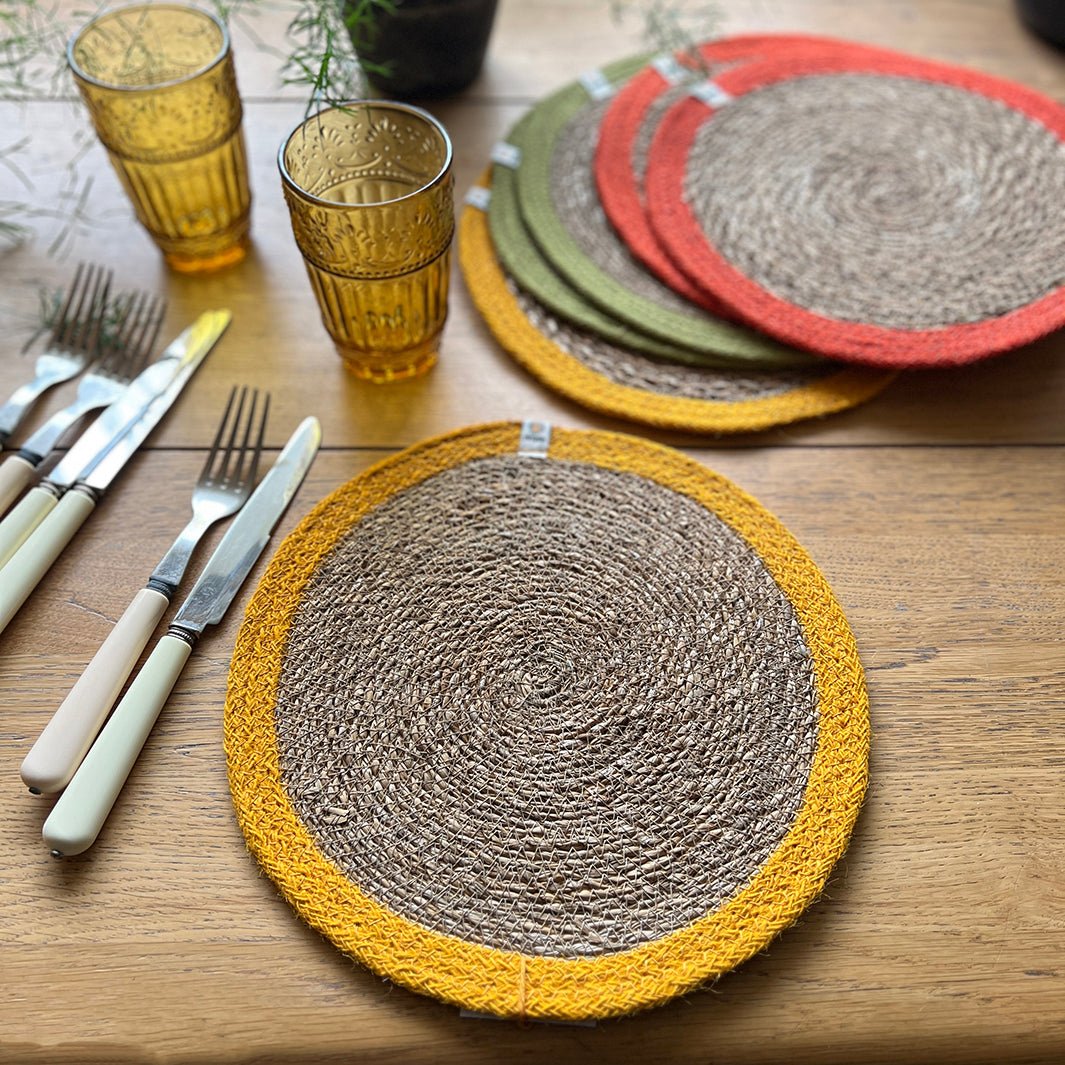 Set of 6 Seagrass & Jute Tablemats - Brights - Green Tulip