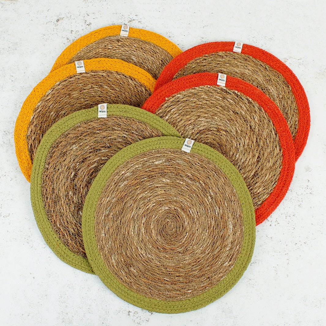 Set of 6 Seagrass & Jute Tablemats - Brights - Green Tulip