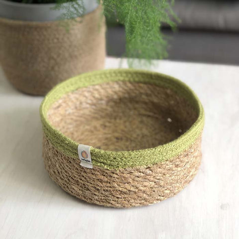 Shallow Seagrass & Jute Basket - Natural/Green - Medium