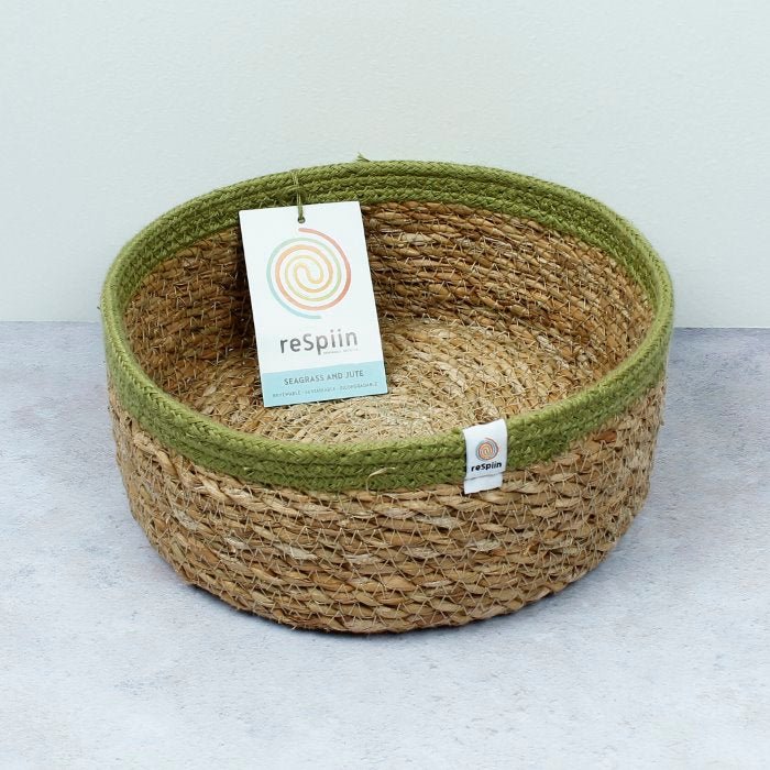 Shallow Seagrass & Jute Basket - Natural/Green - Medium - Green Tulip