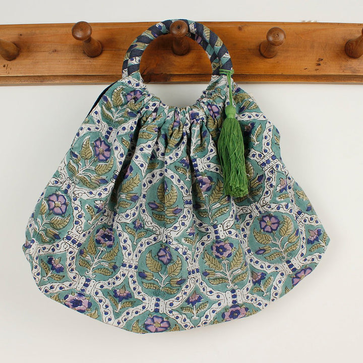 Small Reversible Block Print Cane Bag - Green Tulip