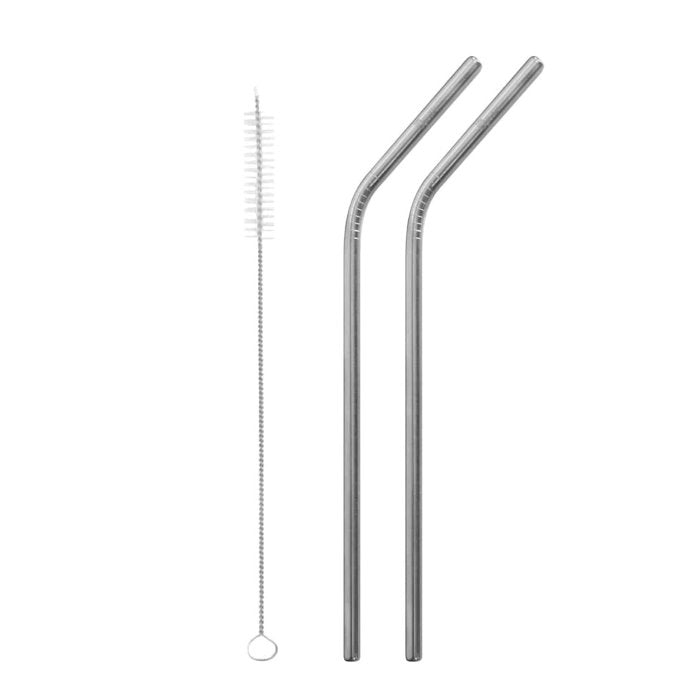 Stainless Steel Bent Straws - Set of 2 & Brush - Green Tulip