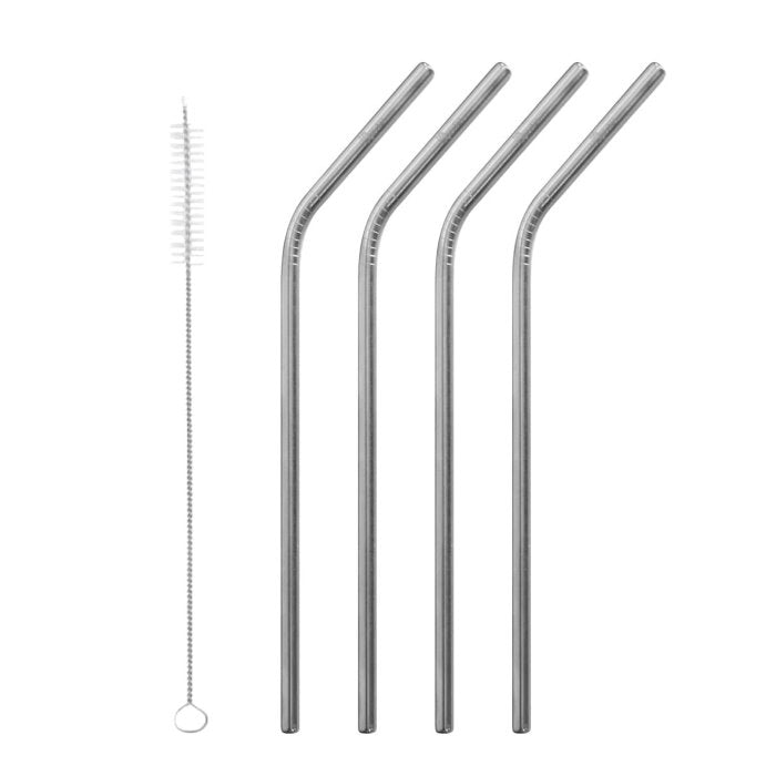 Stainless Steel Bent Straws - Set of 4 & Brush - Green Tulip