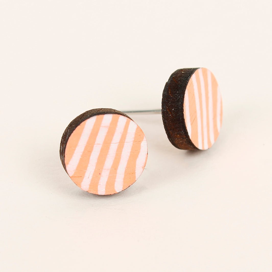 Stripe Wooden Stud Earrings - Neon Orange - Green Tulip