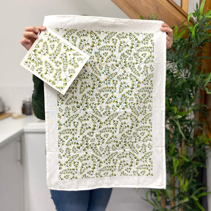 Swedish Sponge Cloth & Tea Towel Set - Fern - Green Tulip