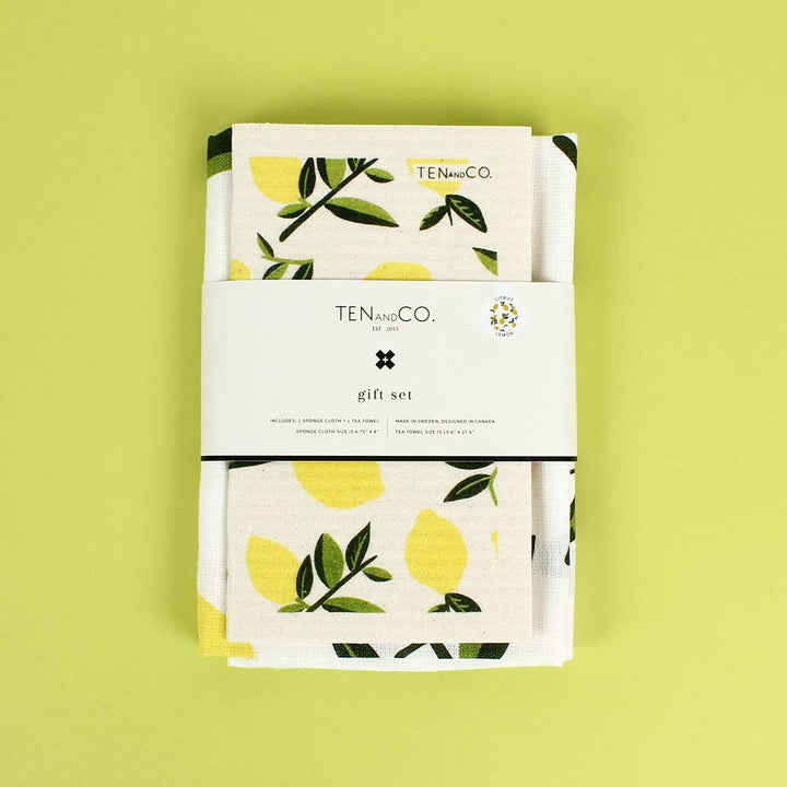 Swedish Sponge Cloth & Tea Towel Set - Lemon - Green Tulip