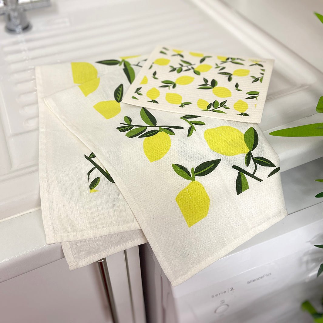 Swedish Sponge Cloth & Tea Towel Set - Lemon - Green Tulip