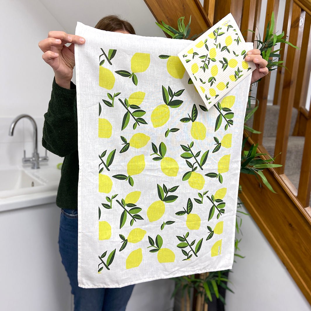 Swedish Sponge Cloth & Tea Towel Set - Lemon - Green Tulip