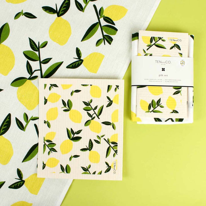 Swedish Sponge Cloth & Tea Towel Set - Lemon - Green Tulip