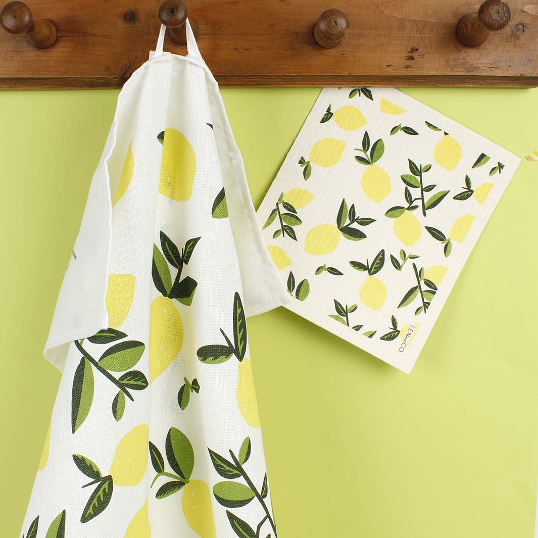 Swedish Sponge Cloth & Tea Towel Set - Lemon - Green Tulip