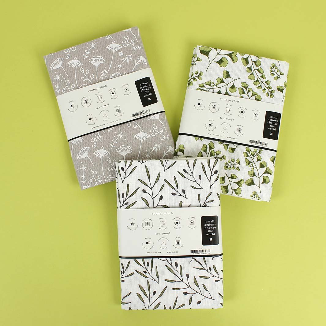 Swedish Sponge Cloth & Tea Towel Set - Modern Floral - Green Tulip