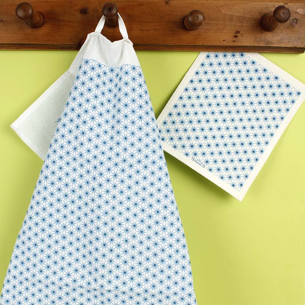 Swedish Sponge Cloth & Tea Towel Set - Starburst Blues - Green Tulip