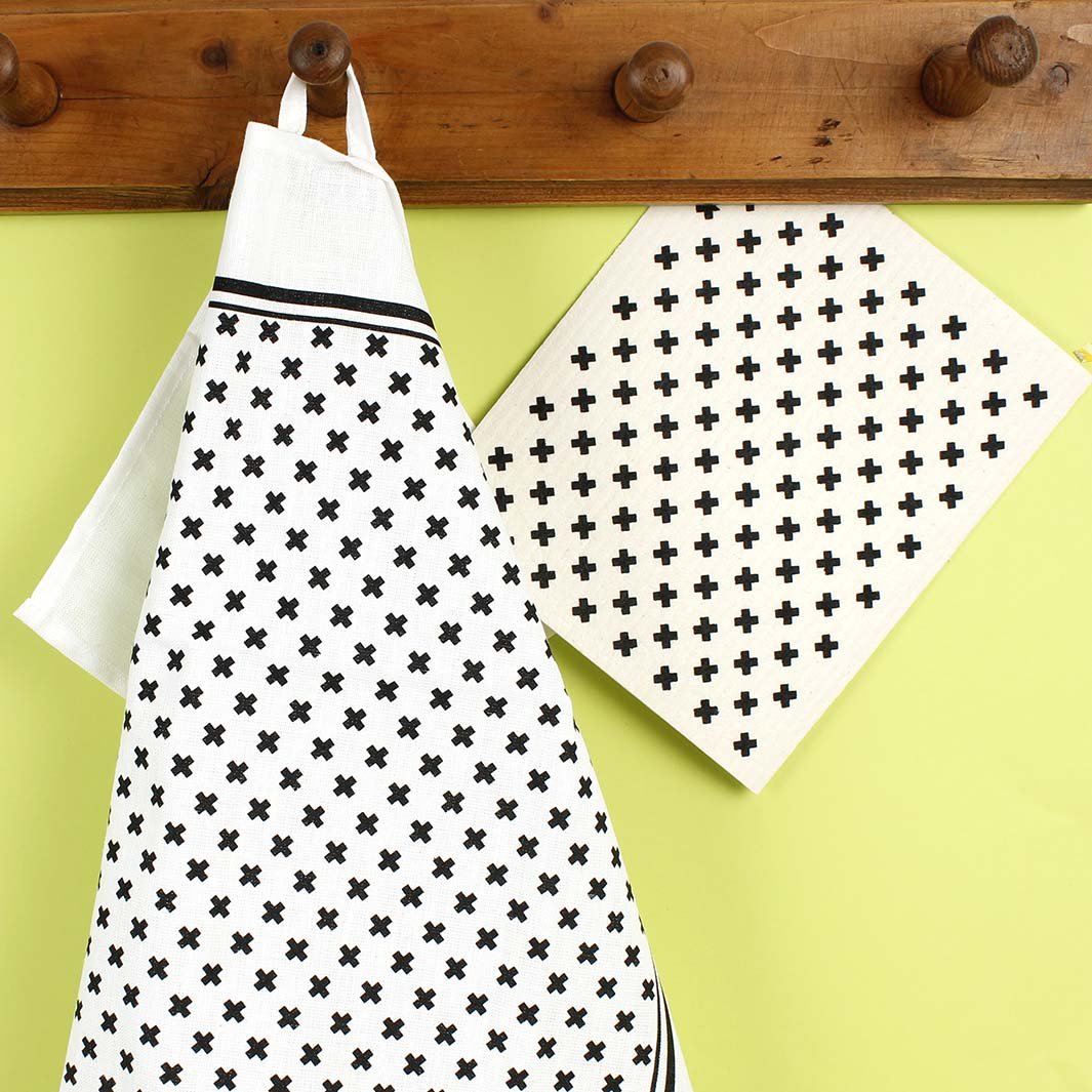 Swedish Sponge Cloth & Tea Towel Set - Tiny x Black - Green Tulip