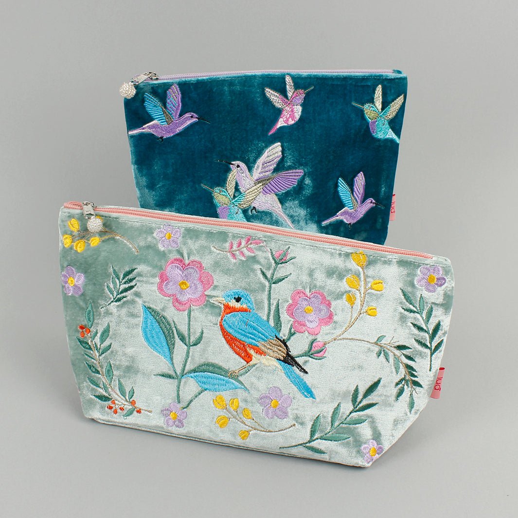 Velvet Embroidered Cosmetic Bag - Green Tulip