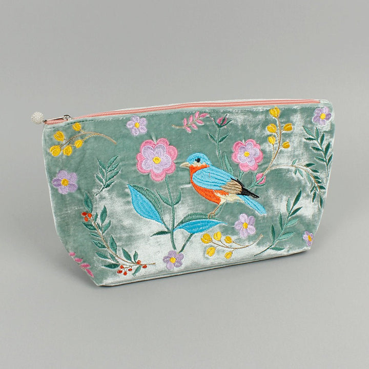 Velvet Embroidered Cosmetic Bag - Green Tulip