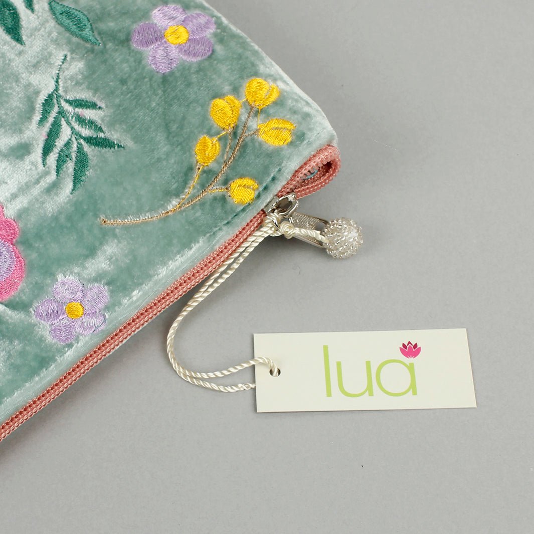 Velvet Embroidered Cosmetic Bag - Green Tulip