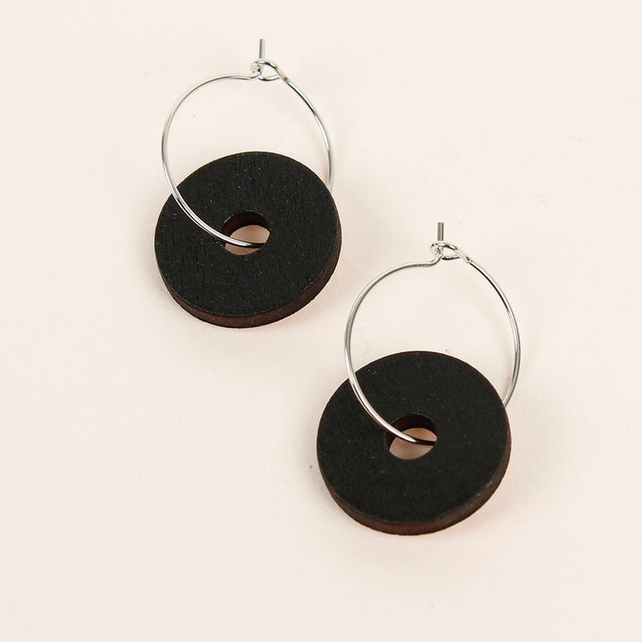 Wooden Disc Hoop Earrings - Black - Green Tulip