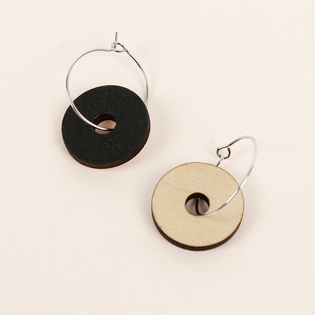 Wooden Disc Hoop Earrings - Black - Green Tulip