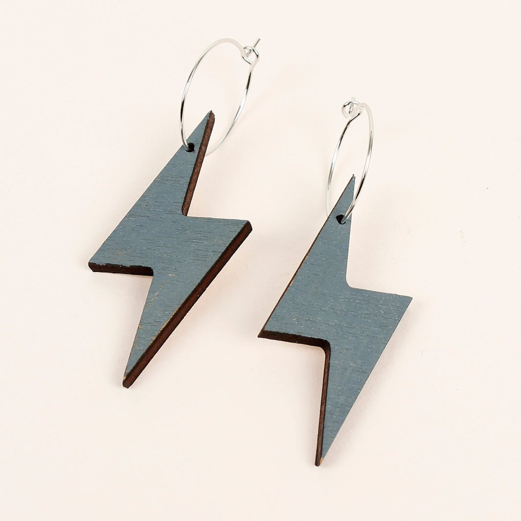 Wooden Lightening Bolt Hoop Earrings - Dark Grey - Green Tulip