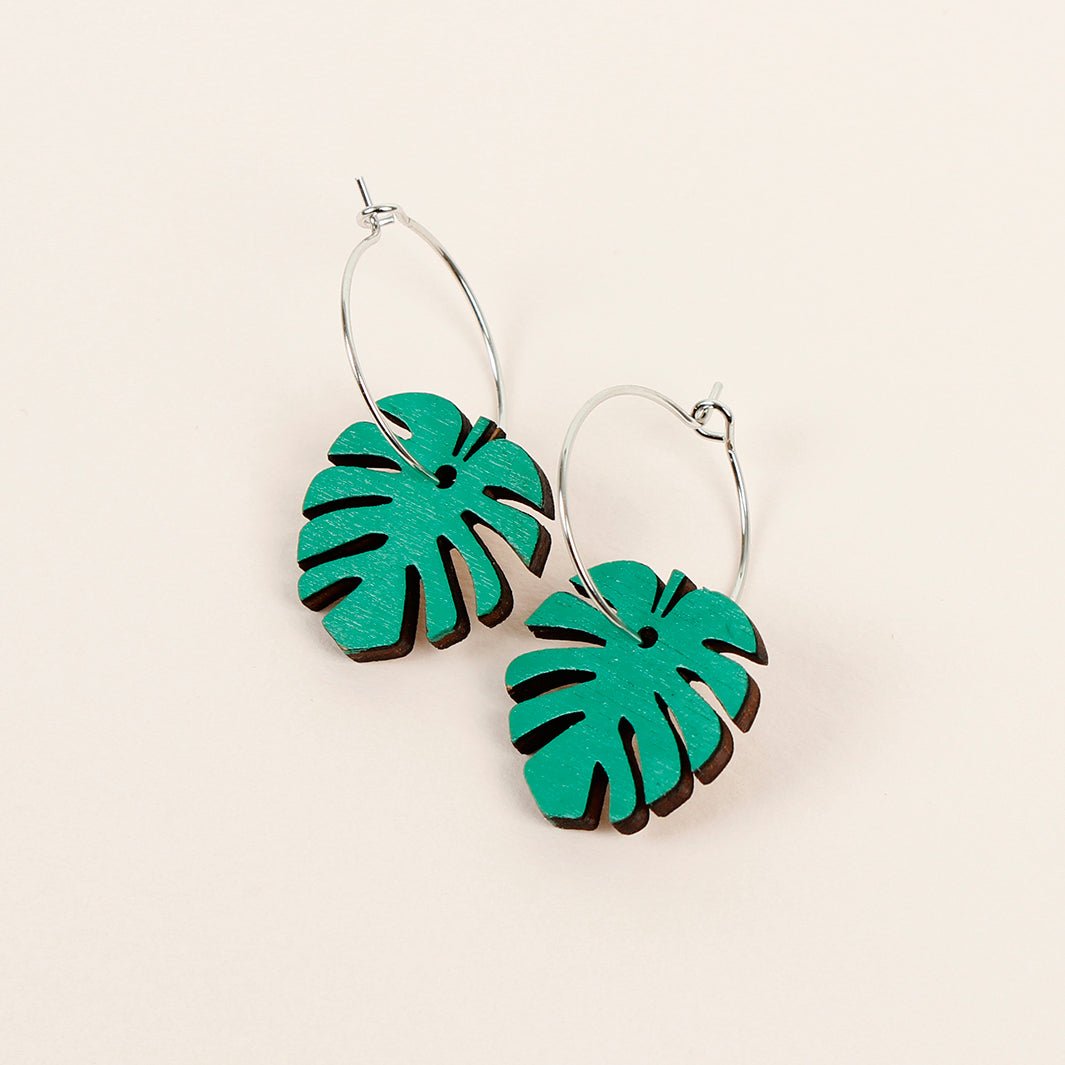 Wooden Monstera Leaf Hoop Earrings - Green Tulip