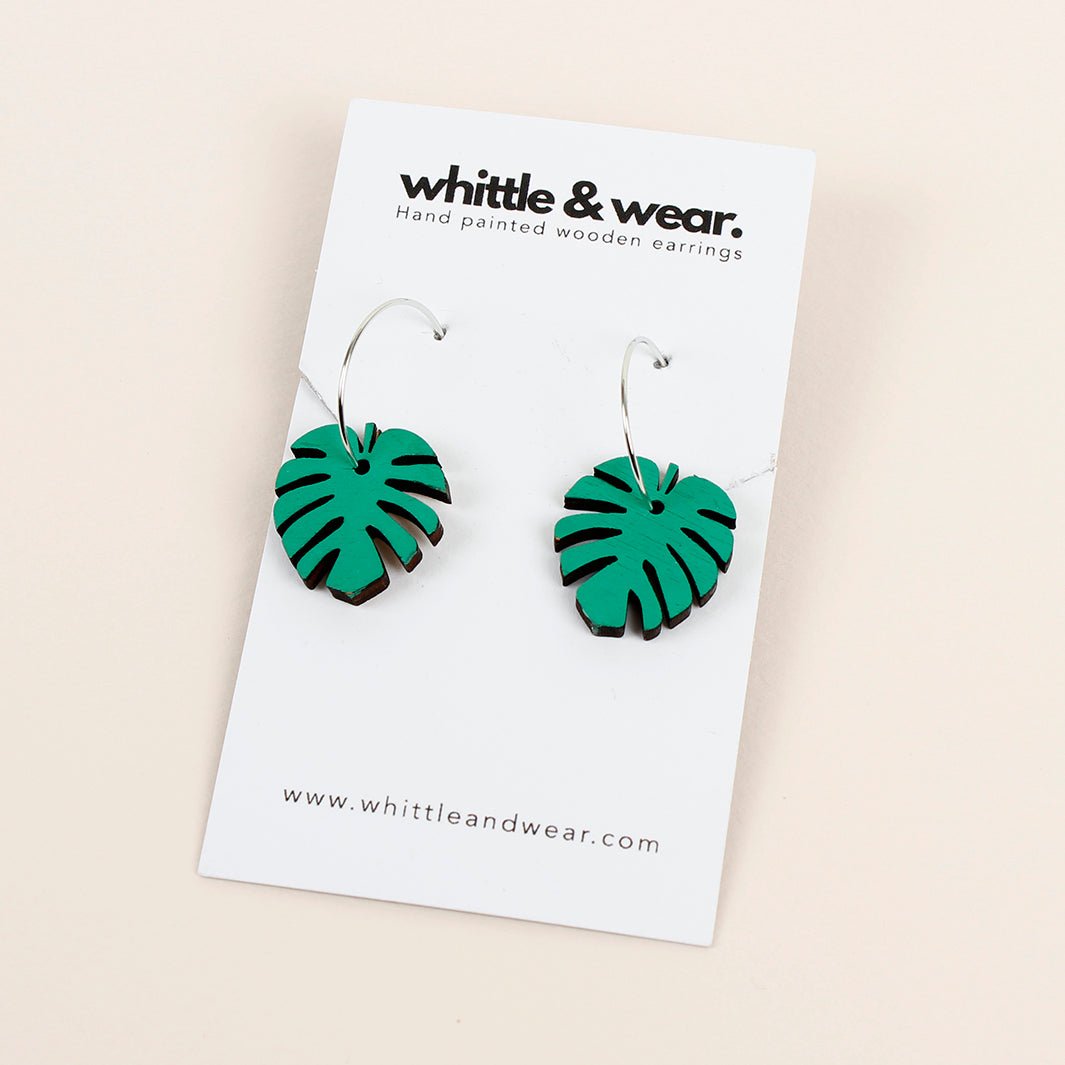 Wooden Monstera Leaf Hoop Earrings - Green Tulip