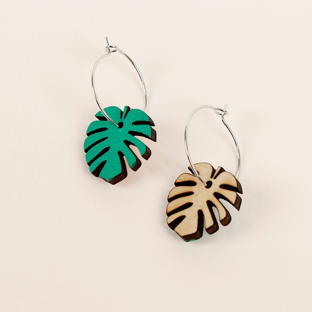 Wooden Monstera Leaf Hoop Earrings - Green Tulip