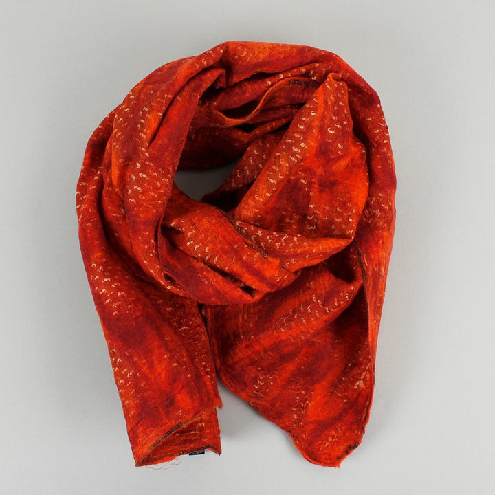 Yamala Felted Silk Scarf - Orange Red - Green Tulip