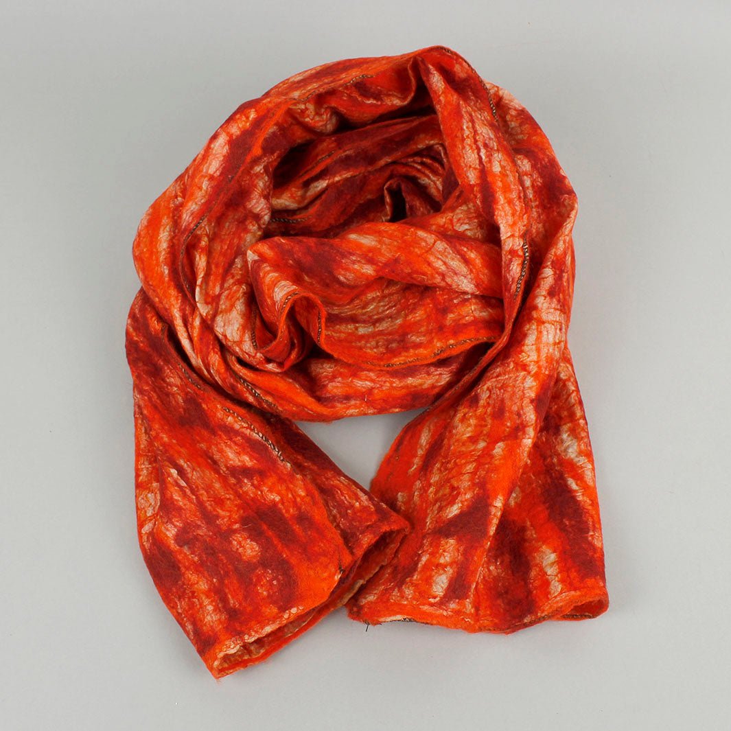 Yamala Felted Silk Scarf - Orange Red - Green Tulip