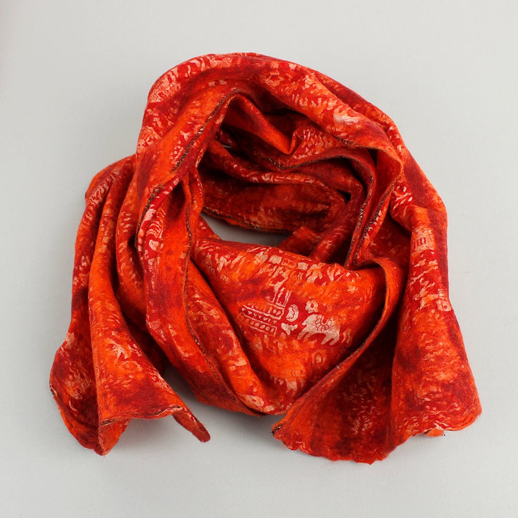 Yamala Felted Silk Scarf - Orange Red - Green Tulip