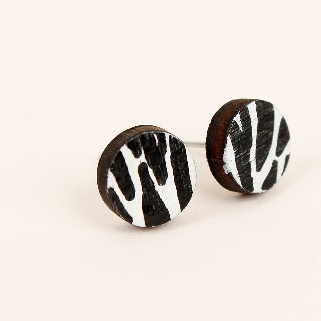 Zebra Print Wooden Stud Earrings - Green Tulip