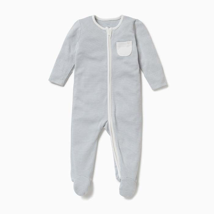 Zip - Up Sleepsuit - Blue Stripe - Green Tulip