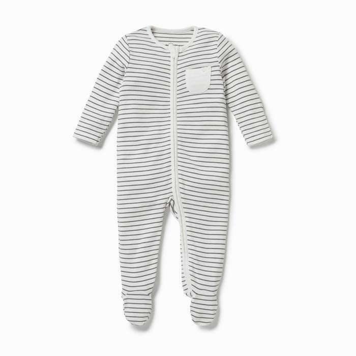 Zip - Up Sleepsuit - Grey Stripe - Green Tulip