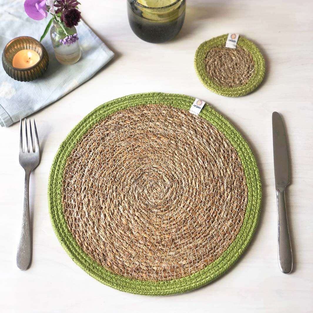 *NQP* Woven Seagrass + Jute Tablemat - NATURAL/GREEN